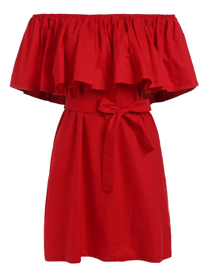 Romwe Ruffled Off-the-shoulder Self-tie Dress