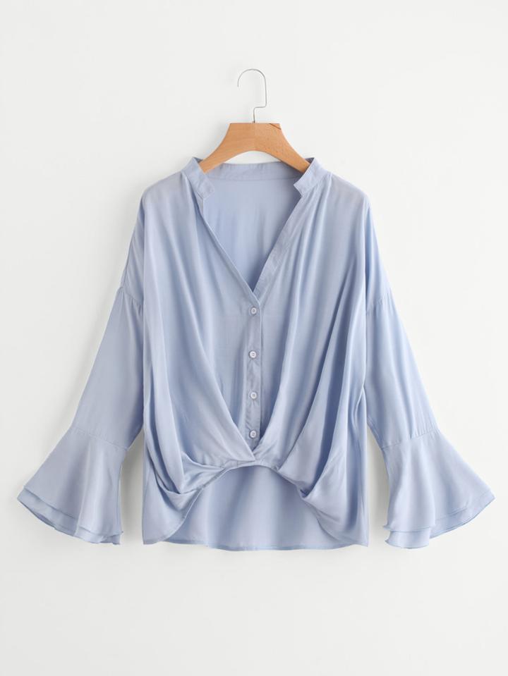 Romwe Layered Fluted Sleeve Pleated Gathered Hem Blouse
