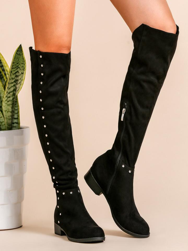 Romwe Black Faux Suede Point Toe Knee Boots