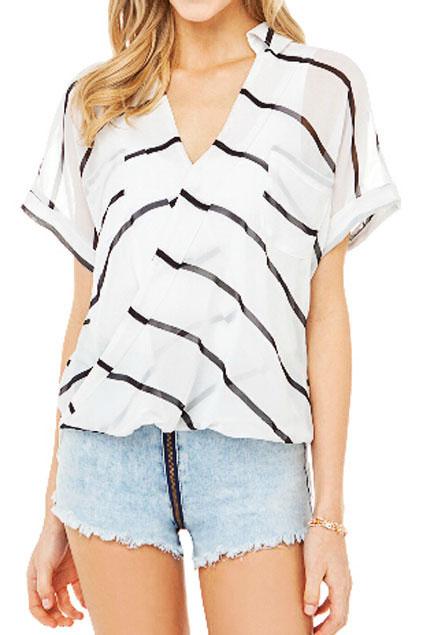 Romwe Romwe Striped V-neck Transparent Asymmetric Blouse