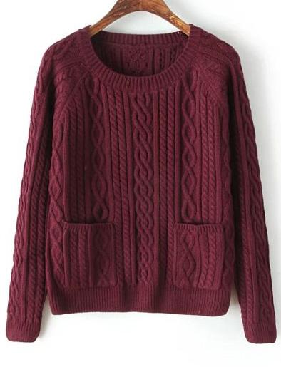 Romwe Cable Knit Pockets Wine Red Sweater