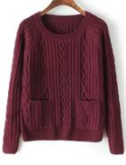 Romwe Cable Knit Pockets Wine Red Sweater
