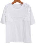 Romwe Lace Embroidered White T-shirt