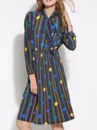 Romwe Vertical Striped Polka Dot Bow Blue Shirt Dress