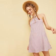 Romwe Open Back Stripe Halter Dress