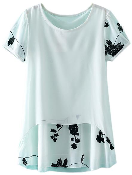 Romwe White Short Sleeve Contrast Embroidery Chiffon Blouse