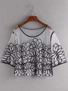 Romwe Black White Embroidered Mesh Cover-up Top