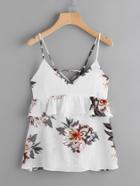 Romwe Frill Trim Lace Up Back Florals Cami Top