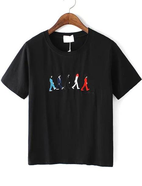 Romwe Five People Embroidered Black T-shirt