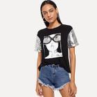 Romwe Sequin Sleeve Figure Print Tee