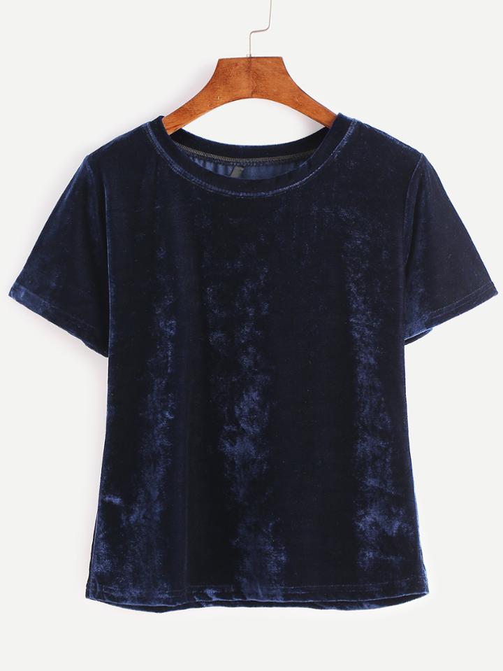 Romwe Dark Blue Velvet T-shirt