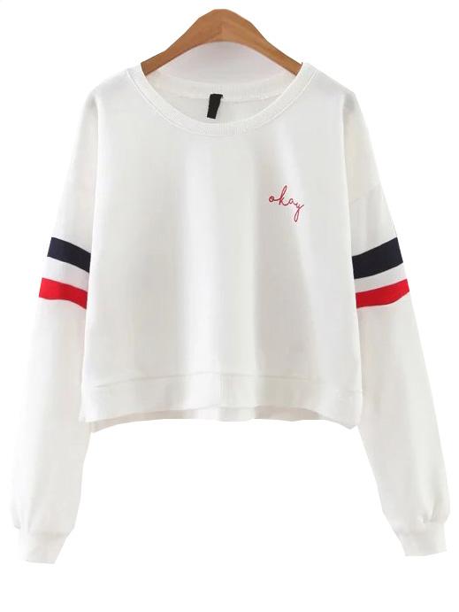 Romwe White Striped Split Side Sweatshirt