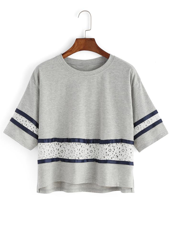 Romwe Contrast Lace Dip Hem Slit T-shirt