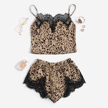 Romwe Contrast Lace Leopard Satin Cami Top With Shorts