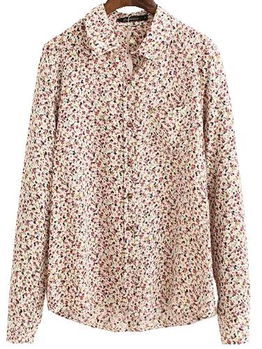 Romwe Red Lapel Long Sleeve Pocket Floral Blouse
