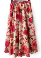 Romwe Elastic Waist Flower Print Pleated Red Skirt