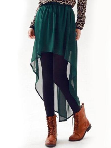 Romwe Green Elastic Waist Chiffon High Low Skirt