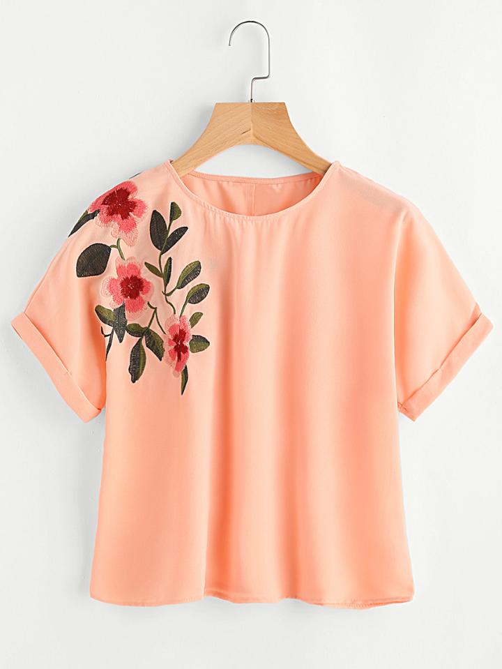 Romwe Flower Embroidered Cuffed Sleeve Top