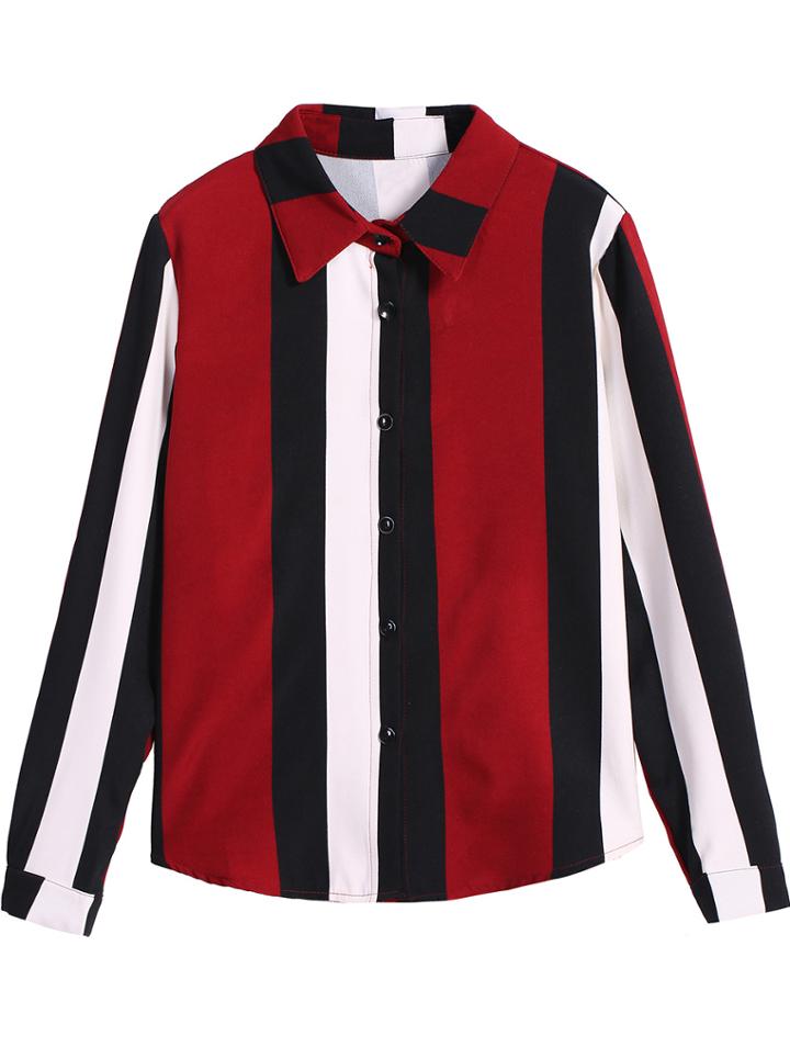 Romwe Vertical Stripe Loose Red Blouse