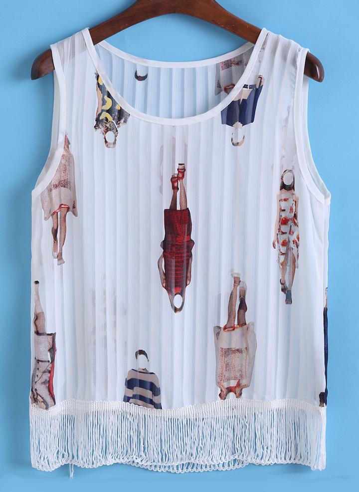 Romwe With Tassel People Print Tank Top