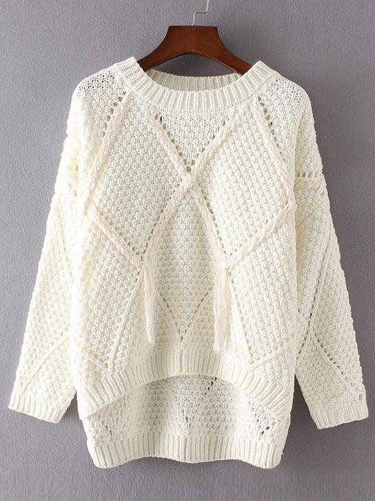Romwe White Diamond Pattern Tassel Dip Hem Sweater