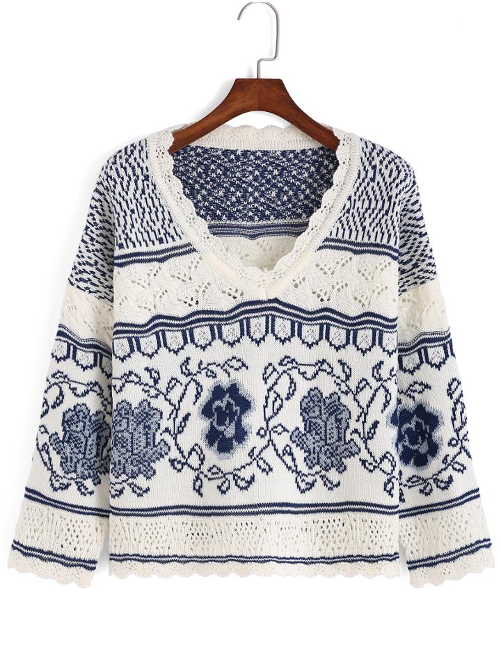 Romwe V Neck Floral Crop Blue Knitwear