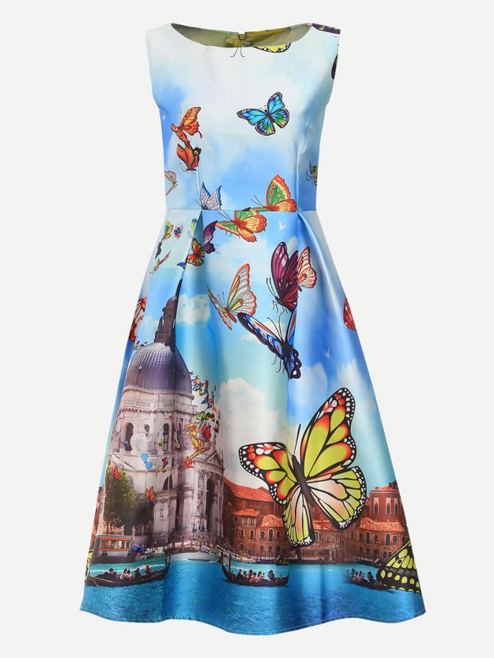 Romwe City And Butterfly Print Sleeveless Blue Dress
