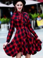 Romwe Red Lapel Long Sleeve Check Print Tie-waist Dress