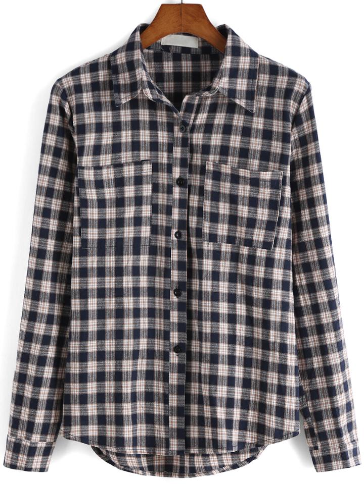 Romwe Lapel Plaid Pockets Blue Blouse