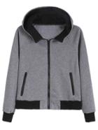 Romwe Grey Contrast Zip Up Hooded Sweatshirt