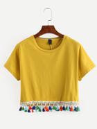 Romwe Yellow Tassel Trimmed Crop T-shirt