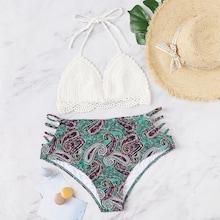 Romwe Plus Crochet Halter Top With Paisley Print Bikini
