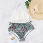 Romwe Plus Crochet Halter Top With Paisley Print Bikini