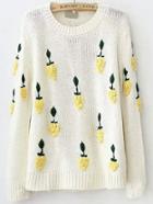 Romwe Round Neck Yellow Strawberry Crochet Sweater