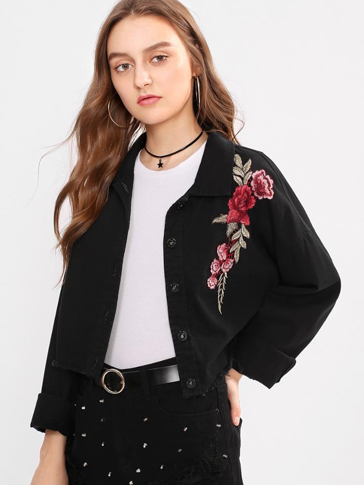 Romwe Embroidered Rose Patch Raw Cut Jacket