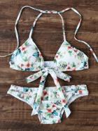 Romwe White Floral Print Bow Tie Triangle Bikini Set