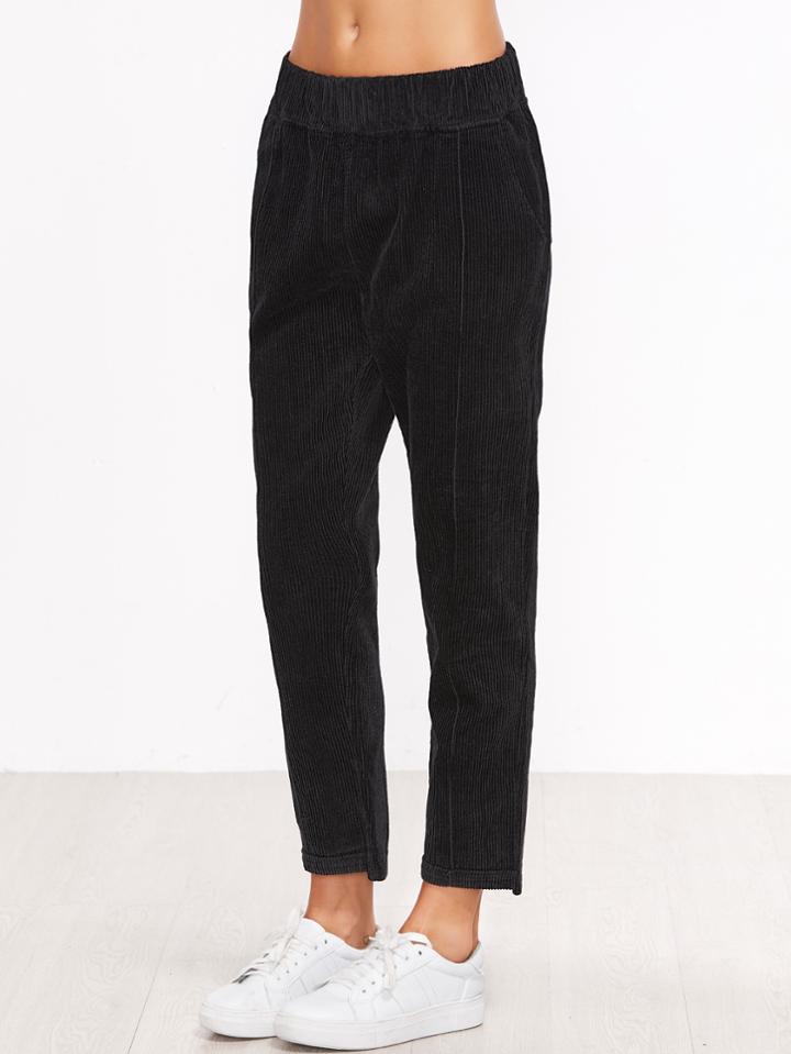 Romwe Black Corduroy Elastic Waist Pocket Pants
