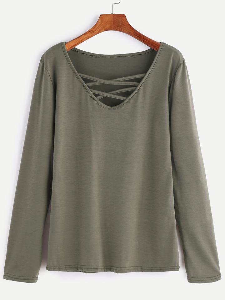 Romwe Army Green V Neck Crisscross T-shirt