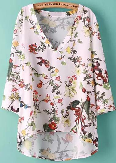 Romwe V Neck Dip Hem Florals Chiffon Top