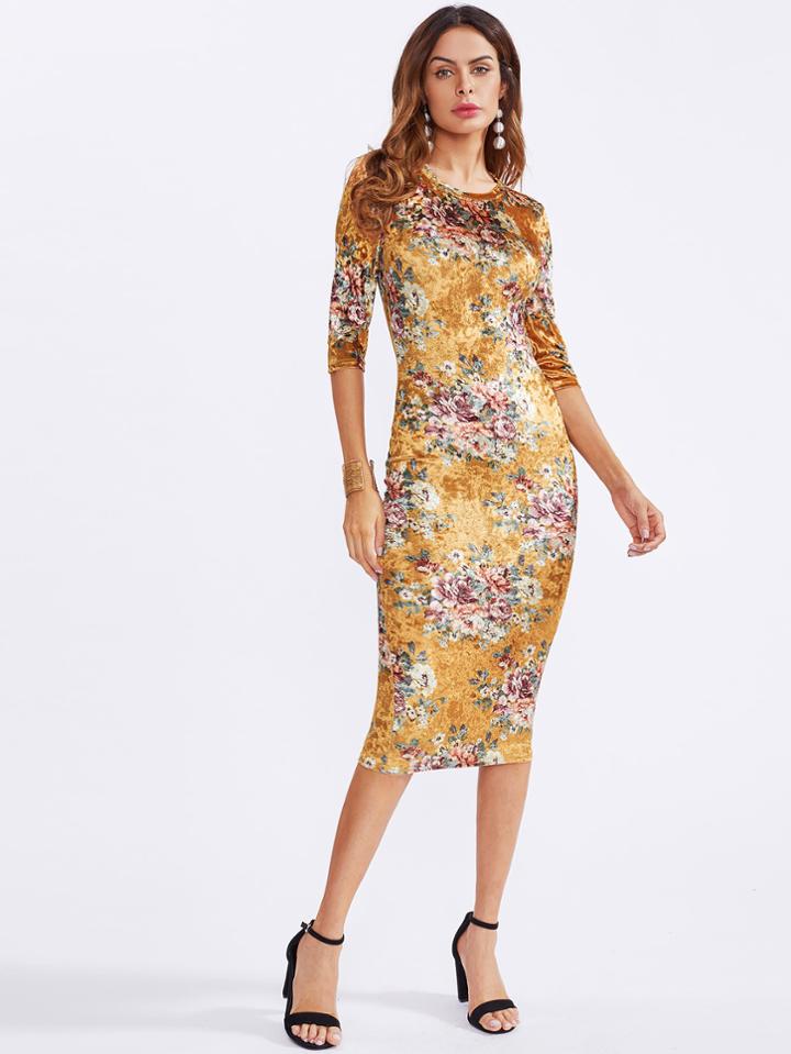 Romwe Floral Velvet Form Fitting Dress