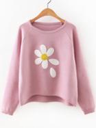 Romwe Pink Flower Print Raglan Sleeve Dip Hem Sweater