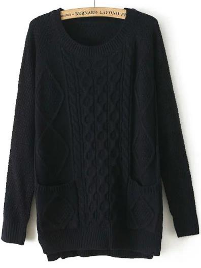 Romwe Diamond Patterned Pockets High Low Black Sweater