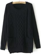 Romwe Diamond Patterned Pockets High Low Black Sweater