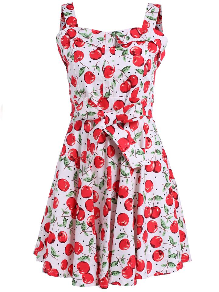 Romwe Straps Cherry Print With Bow White Dress