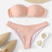 Romwe Cut-out Bandeau Top With Seam Bikini Set