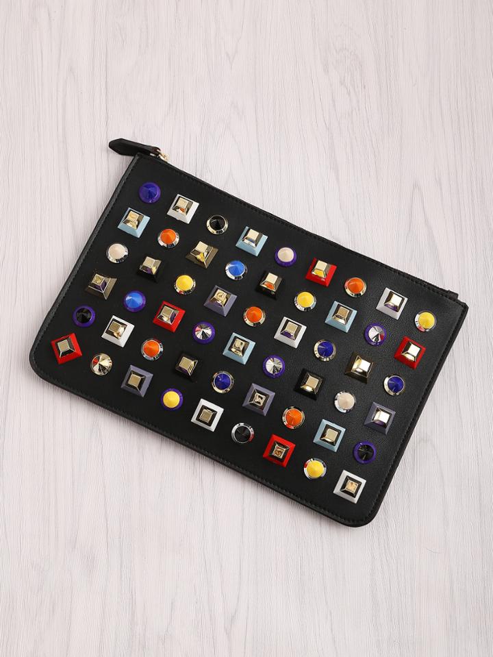 Romwe Studded Detail Pu Clutch Bag