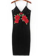 Romwe Black Flower Embroidered Velvet Cami Dress