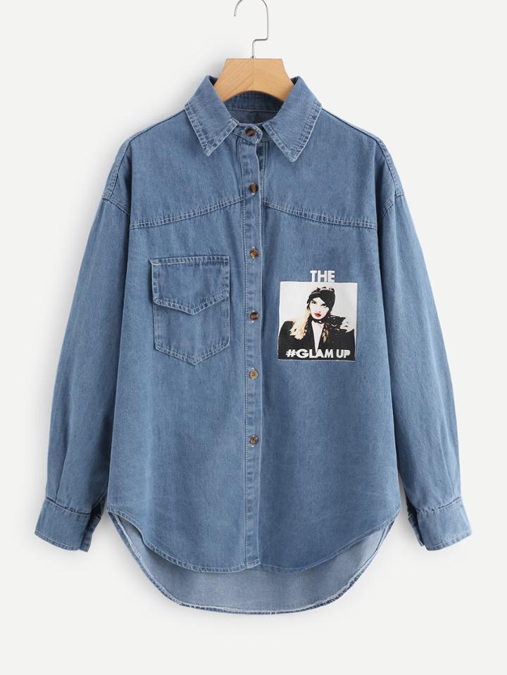 Romwe Figure Print Denim Shirt