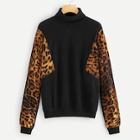 Romwe Leopard Print Ribbed Knit Sweatshirt