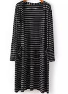 Romwe Black Long Sleeve Striped Pockets Coat